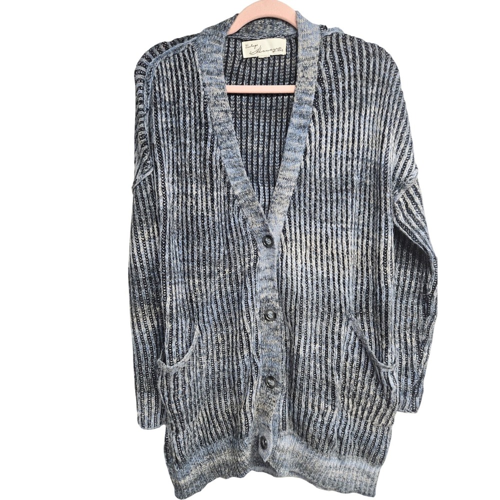 Vintage Havana Blue Black Space Dye Ribbed Button Front Cardigan B9639 Womens